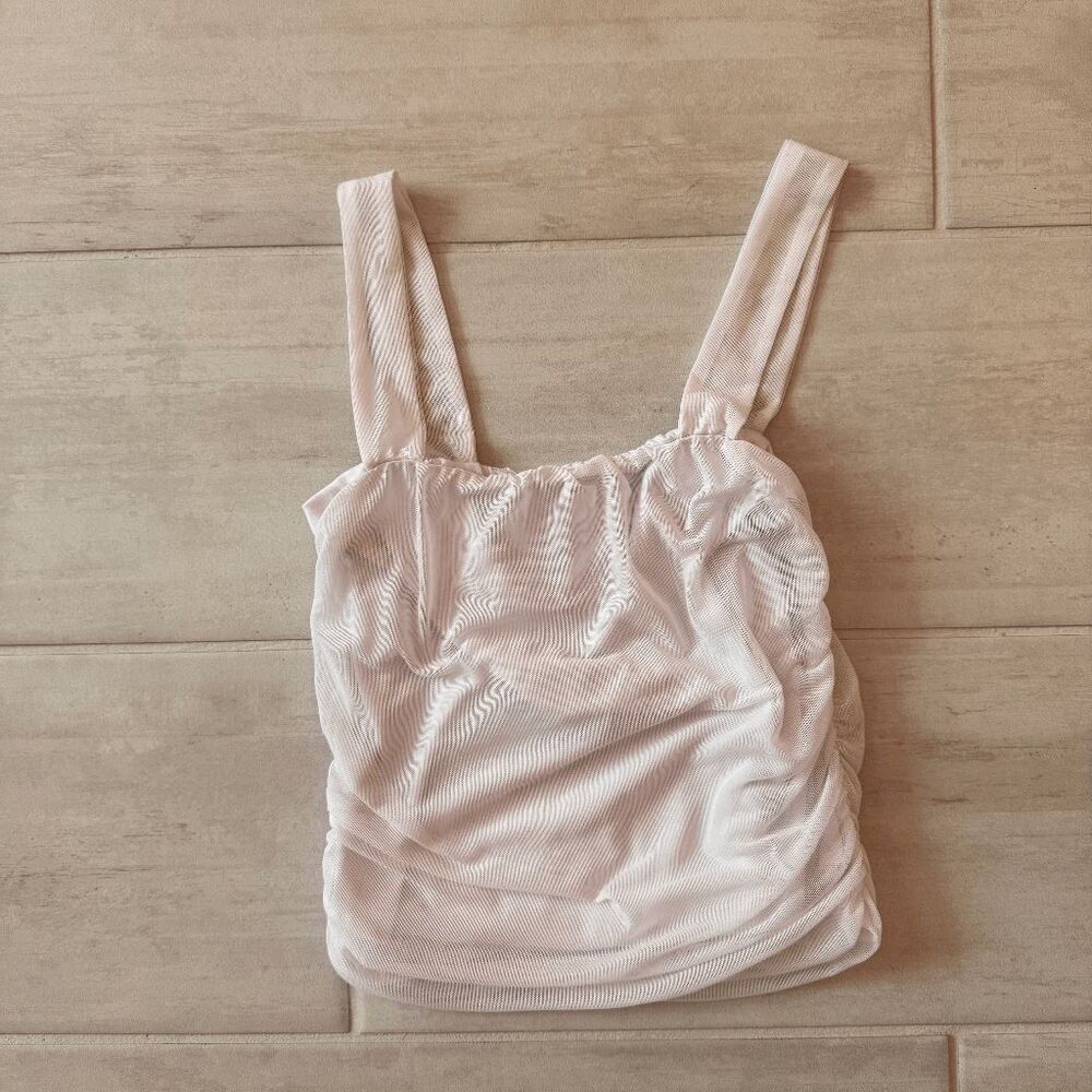 Antistar White Tank Cropped Wide Strap Ruched Sides Pull Over Mesh with Lining S